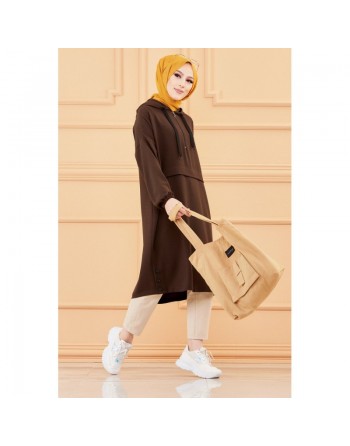 Tunique ample avec capuche (Tenue décontractée et sport pour femme musulmane) - Couleur marron 