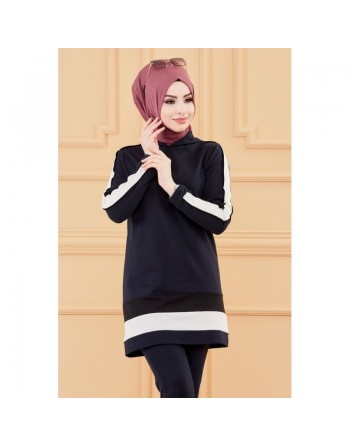 Ensemble décontracté pour femme : Tunique à capuche et Pantalon (Tenue Sport Hidjab pour musulmane) - Couleur bleu marine 