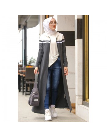 Robe longue à capuche fermeture zip (Boutique Modest Fashion pour jeune femme voilée) - Couleur gris anthracite écru 