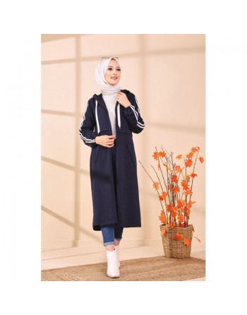 Gilet long avec capuche pour femme musulmane - Couleur bleu marine 