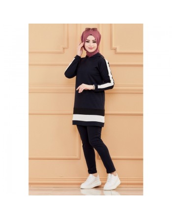 Ensemble décontracté pour femme : Tunique à capuche et Pantalon (Tenue Sport Hidjab pour musulmane) - Couleur bleu marine 