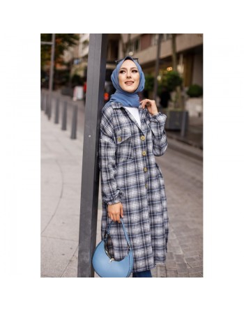 Chemise longue à carreaux pour femme (Boutique Vêtement moderne pour musulmane) - Couleur bleu écru 
