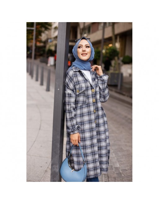 Chemise longue à carreaux pour femme (Boutique Vêtement moderne pour musulmane) - Couleur bleu écru Chemise longue à carreaux pour femme (Boutique Vêtement moderne pour musulmane) - Couleur bleu écru