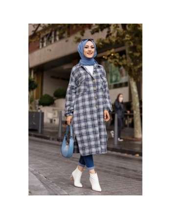 Chemise longue à carreaux pour femme (Boutique Vêtement moderne pour musulmane) - Couleur bleu écru 