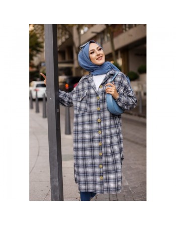 Chemise longue à carreaux pour femme (Boutique Vêtement moderne pour musulmane) - Couleur bleu écru 