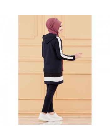 Ensemble décontracté pour femme : Tunique à capuche et Pantalon (Tenue Sport Hidjab pour musulmane) - Couleur bleu marine 