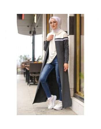 Robe longue à capuche fermeture zip (Boutique Modest Fashion pour jeune femme voilée) - Couleur gris anthracite écru 
