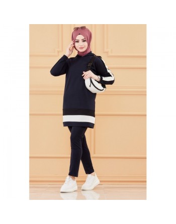 Ensemble décontracté pour femme : Tunique à capuche et Pantalon (Tenue Sport Hidjab pour musulmane) - Couleur bleu marine 