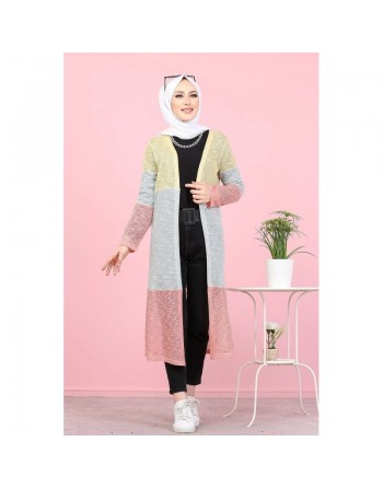 Cardigan Gilet long tricolore style décontracté moderne (Veste hijab moderne - Modest fashion France) - Couleur Jaune... 