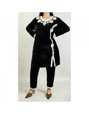 Ensemble style Jabador femme avec broderies - Deux pièces tunique pantalon - Couleur Noir 