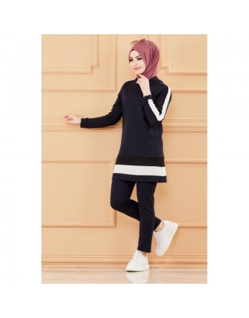 Ensemble décontracté pour femme : Tunique à capuche et Pantalon (Tenue Sport Hidjab pour musulmane) - Couleur bleu marine 