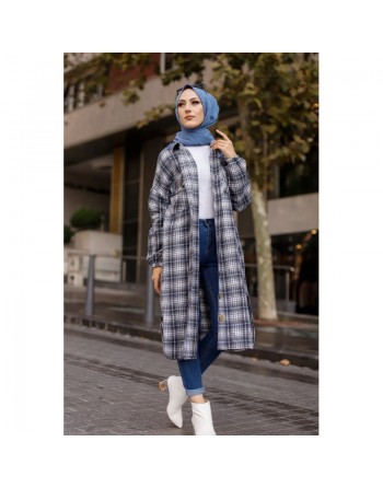Chemise longue à carreaux pour femme (Boutique Vêtement moderne pour musulmane) - Couleur bleu écru 