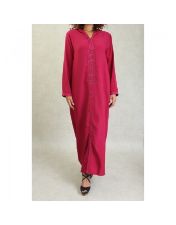 Djellaba marocaine brodée à capuche et manches longues pour femme - Couleur Framboise 