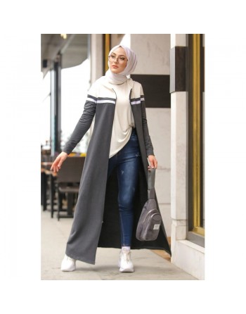 Robe longue à capuche fermeture zip (Boutique Modest Fashion pour jeune femme voilée) - Couleur gris anthracite écru 