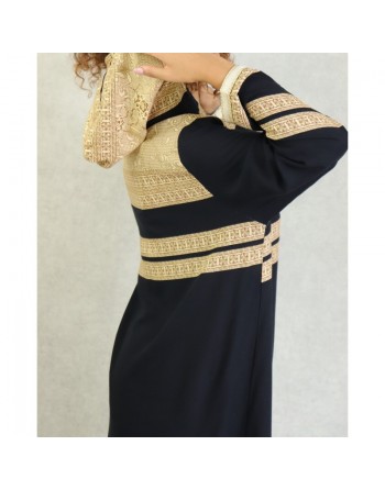 Robe longue arabe style oriental à capuche brodée avec strass pour femme - Couleur Noir 