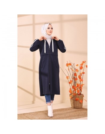 Gilet long avec capuche pour femme musulmane - Couleur bleu marine 