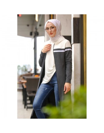 Robe longue à capuche fermeture zip (Boutique Modest Fashion pour jeune femme voilée) - Couleur gris anthracite écru 