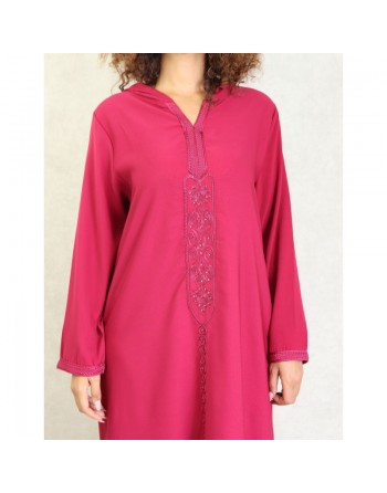 Djellaba marocaine brodée à capuche et manches longues pour femme - Couleur Framboise 