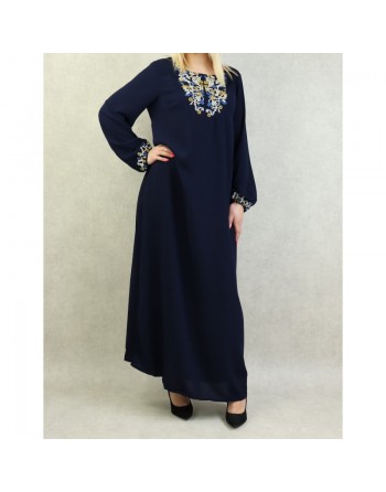 Robe manches longues avec broderie pour femme - Couleur bleu marine 