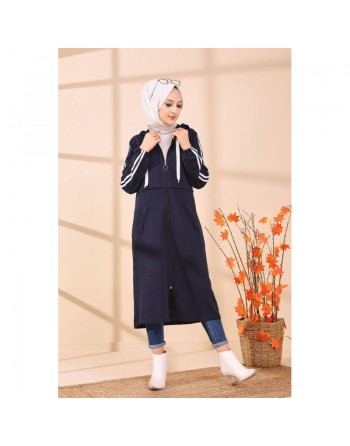 Gilet long avec capuche pour femme musulmane - Couleur bleu marine 