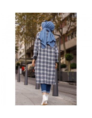 Chemise longue à carreaux pour femme (Boutique Vêtement moderne pour musulmane) - Couleur bleu écru 