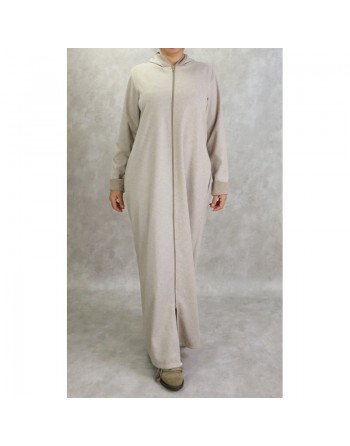 Robe hiver zippée à capuche motifs chevron pour femme - Couleur beige 