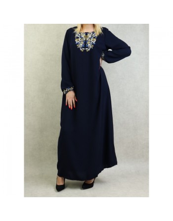 Robe manches longues avec broderie pour femme - Couleur bleu marine 