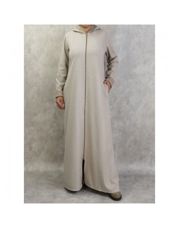 Robe hiver zippée à capuche motifs chevron pour femme - Couleur beige 