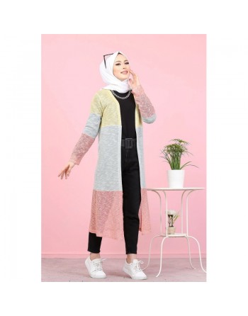Cardigan Gilet long tricolore style décontracté moderne (Veste hijab moderne - Modest fashion France) - Couleur Jaune... 