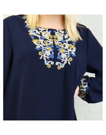 Robe manches longues avec broderie pour femme - Couleur bleu marine 