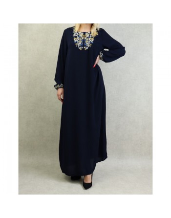 Robe manches longues avec broderie pour femme - Couleur bleu marine 