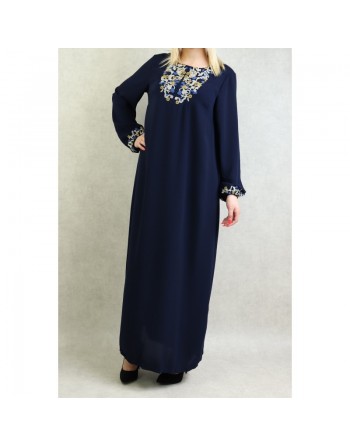 Robe manches longues avec broderie pour femme - Couleur bleu marine 