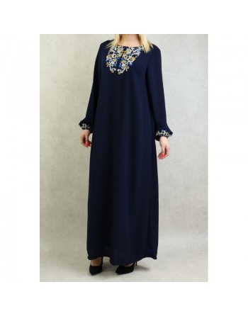 Robe manches longues avec broderie pour femme - Couleur bleu marine 