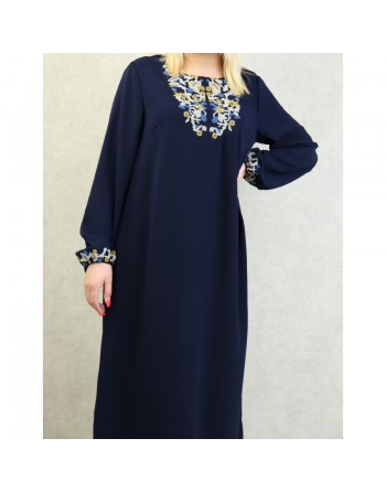Robe manches longues avec broderie pour femme - Couleur bleu marine 