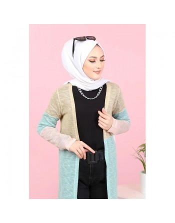 Cardigan Gilet long tricolore style décontracté moderne pour femme (Hidjab moderne) - Couleur Or, vert pastel, rose 