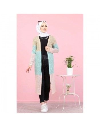 Cardigan Gilet long tricolore style décontracté moderne pour femme (Hidjab moderne) - Couleur Or, vert pastel, rose 