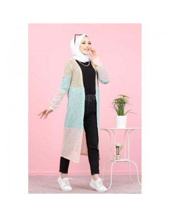 Cardigan Gilet long tricolore style décontracté moderne pour femme (Hidjab moderne) - Couleur Or, vert pastel, rose 