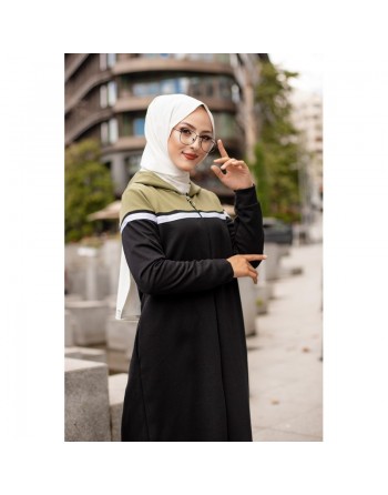 Robe longue à capuche zippée pour femme (Vêtement Hijab décontracté et sport) - Couleur Noir et Kaki 