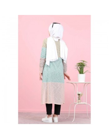 Cardigan Gilet long tricolore style décontracté moderne pour femme (Hidjab moderne) - Couleur Or, vert pastel, rose 