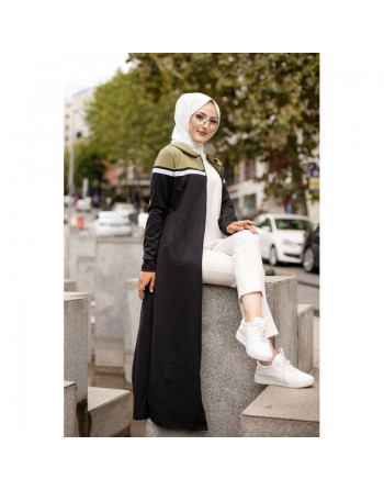 Robe longue à capuche zippée pour femme (Vêtement Hijab décontracté et sport) - Couleur Noir et Kaki 