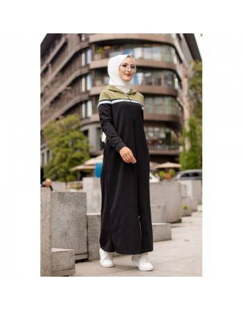 Robe longue à capuche zippée pour femme (Vêtement Hijab décontracté et sport) - Couleur Noir et Kaki 