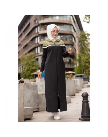 Robe longue à capuche zippée pour femme (Vêtement Hijab décontracté et sport) - Couleur Noir et Kaki 