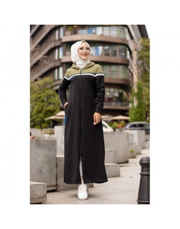 Robe longue à capuche zippée pour femme (Vêtement Hijab décontracté et sport) - Couleur Noir et Kaki 