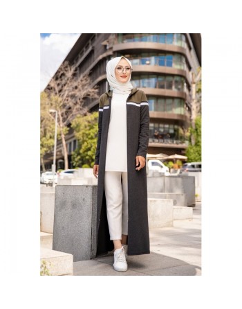 Robe longue à capuche zippée pour femme (Vêtement Hijab décontracté et sport) - Couleur Noir et Kaki 