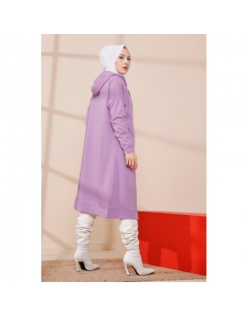 Cardigan Gilet long zippé style décontracté et sport col à capuche pour femme voilée - Couleur lilas 