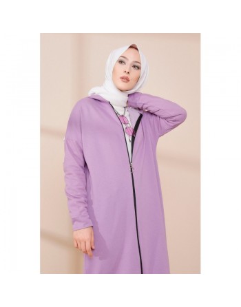 Cardigan Gilet long zippé style décontracté et sport col à capuche pour femme voilée - Couleur lilas 