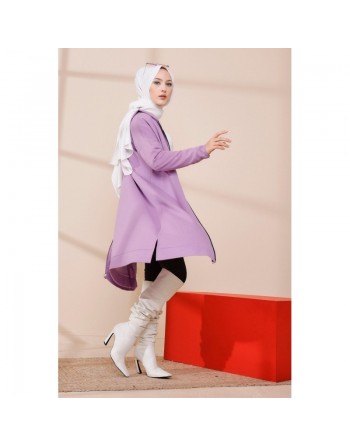 Cardigan Gilet long zippé style décontracté et sport col à capuche pour femme voilée - Couleur lilas 