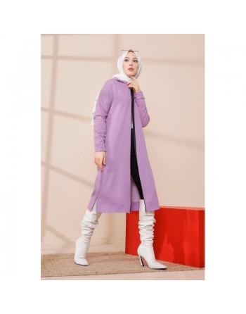 Cardigan Gilet long zippé style décontracté et sport col à capuche pour femme voilée - Couleur lilas 