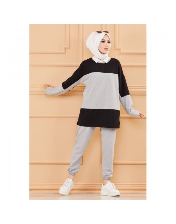 Ensemble sweat et pantalon pour femme (Tenue de sport musulmane pour hidjab) - Couleur noir et gris 
