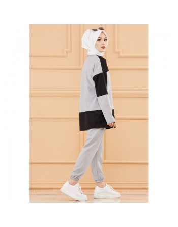 Ensemble sweat et pantalon pour femme (Tenue de sport musulmane pour hidjab) - Couleur noir et gris 